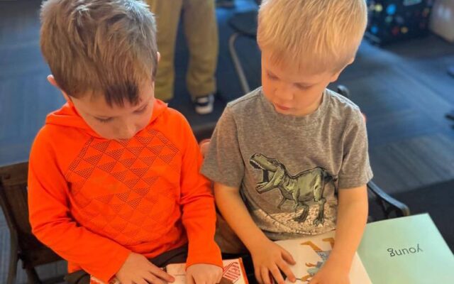 Two preschool boys reading together
